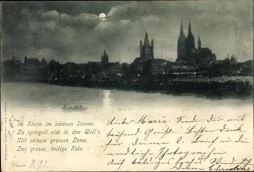 Mondschein Ak Köln am Rhein, Rheinpartie, Panorama