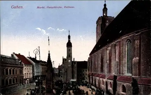 Ak Guben in der Niederlausitz, Marktplatz, Hauptkirche, Rathaus