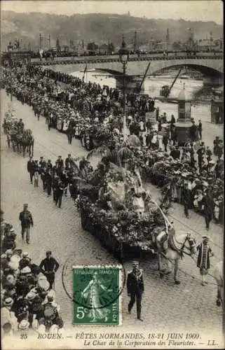 Ak Rouen Seine Maritime, Fetes Normandes, Juin 1909, Le Char de la Corporation des Fleuristes