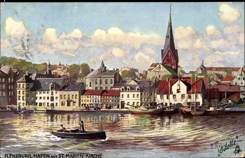 Künstler Ak Flensburg in Schleswig Holstein, Hafen mit St. Marienkirche, Tuck No. 665 B