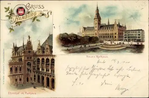 Litho Hamburg Mitte Altstadt, Neues Rathaus mit Ehrenhof