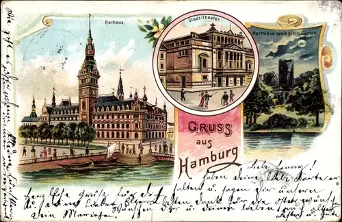 Litho Hamburg Mitte Altstadt, Rathaus, Stadttheater, Zoologischer Garten