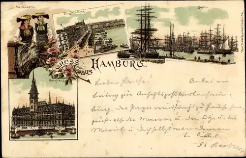 Litho Hamburg MItte Altstadt, Hafenpartie, Segelboote, Vierländerin, Jungfernstieg
