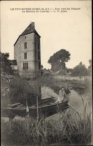 Ak Le Puy Notre Dame Maine et Loire, Une vue du Thouet au Moulin de Couche