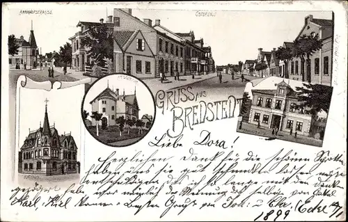 Litho Bredstedt in Nordfriesland, Bahnhofstraße, Rathaus, Bahnhofs-Hotel, Amtsgericht