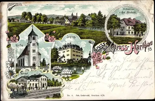 Litho Großharthau in Sachsen, Kirche, Schloss, Restauration, Bahnhof