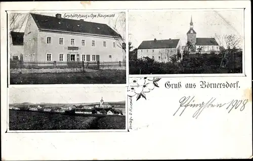 Ak Börnersdorf Bad Gottleuba in Sachsen, Kirche, Panorama, Geschäftshaus