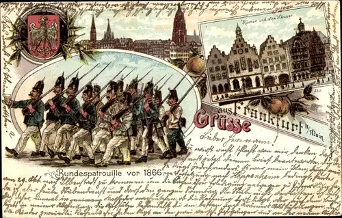 Wappen Litho Frankfurt am Main, Römer, Alte Häuser, Bundespatrouille vor 1866