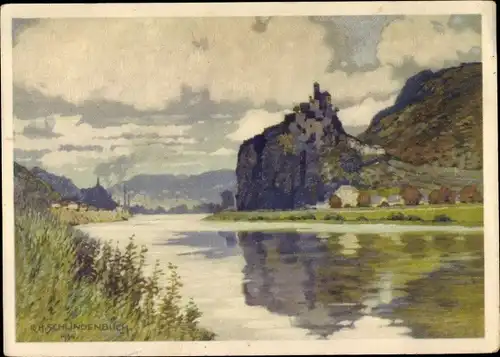 Künstler Ak Schlindenbuch, R. H., Strekov Schreckenstein Ústí nad Labem Aussig Elbe Stadt, Burg