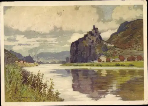 Künstler Ak Schlindenbuch, R. H., Strekov Schreckenstein Ústí nad Labem Aussig Elbe Stadt, Burg