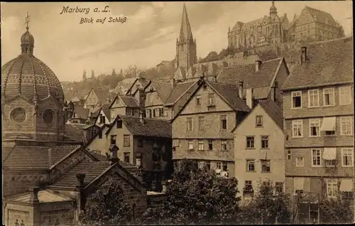 Judaika Ak Marburg an der Lahn, Blick auf Schloss und Synagoge