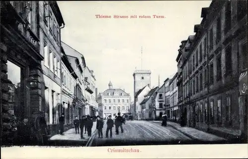 Ak Crimmitschau in Sachsen, Thieme Straße mit rotem Turm