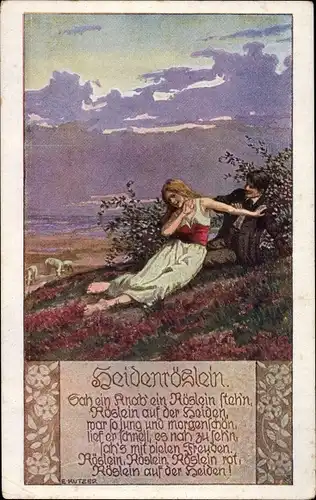Lied Künstler Ak Kutzer, Ernst, Heidenröslein, Sah ein Knab' ein Röslein steh'n, Volksliederkarte 7