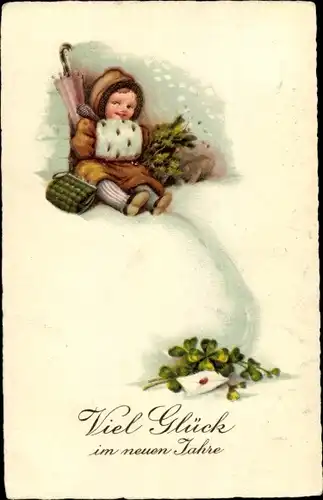 Ak Glückwunsch Neujahr, Kind mit Muff im Schnee, Kleeblatt