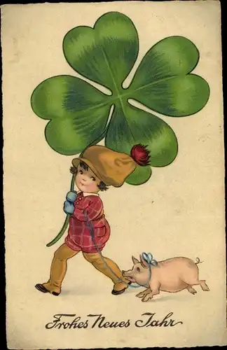 Ak Glückwunsch Neujahr, Kind mit Schwein und Kleeblatt