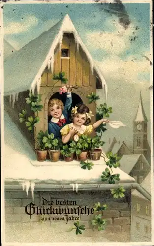 Ak Glückwunsch Neujahr, Kinder an einem Fenster, Taschenuhr, Kleeblätter