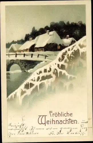 Ak Glückwunsch Weihnachten, Winterlandschaft, Ortschaft, Brücke