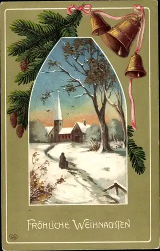 Präge Ak Glückwunsch Weihnachten, Glocken, Winterlandschaft, Kirche