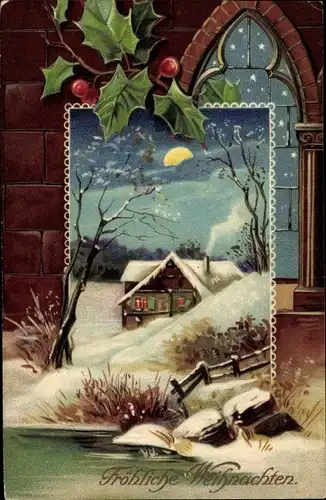 Präge Ak Glückwunsch Weihnachten, Winterlandschaft, Stechpalmenzweige