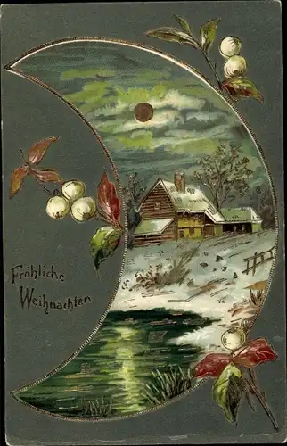 Präge Ak Glückwunsch Weihnachten, Winterlandschaft, Haus, Mondschein, Halbmond