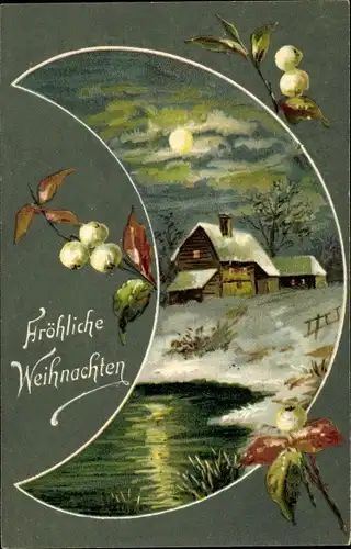 Ak Glückwunsch Weihnachten, Winterlandschaft, Haus, Mondschein, Halbmond