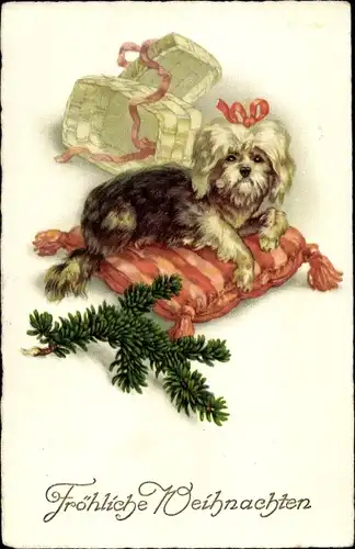 Ak Glückwunsch Weihnachten, Hund auf einem Kissen, Körbe, Tannenzweige