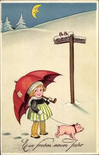 Ak Glückwunsch Neujahr, Mädchen mit Regenschirm und Schwein, Mondschein