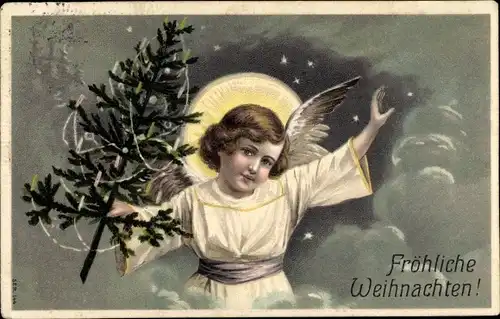 Präge Ak Glückwunsch Weihnachten, Engel, Tannenbaum