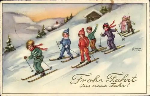Künstler Ak Petersen, H., Glückwunsch Neujahr, Kinder fahren Ski