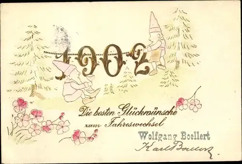 Präge Ak Glückwunsch Neujahr 1902, Zwerg, Blumen, Tannenbäume