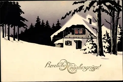 Ak Glückwunsch Neujahr, Haus, Bäume, Winterszene