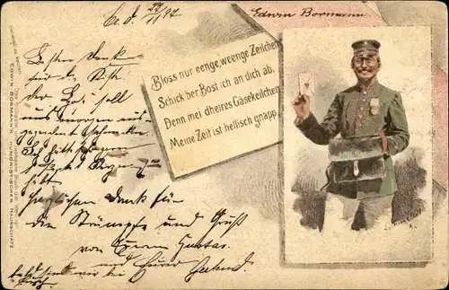 Ak Briefträger, Umschlag, Uniform, Post, Sächsische Mundart