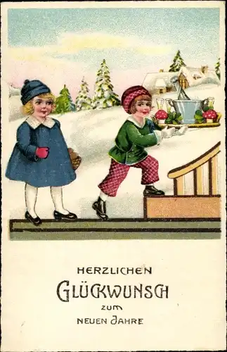 Ak Glückwunsch Neujahr, Kinder, Pilze, Glücksklee