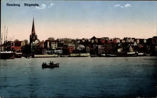 Ak Flensburg in Schleswig Holstein, Teilpanorama, Jürgensby, Ruderboot