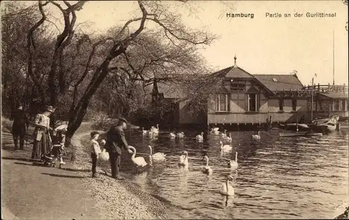 Ak Hamburg, Partie an der Gurlittinsel, Schwänefütterung