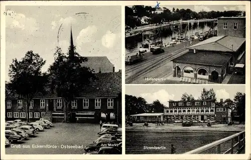 Ak Ostseebad Eckernförde, Am Markt, Hafenpartie, Strandpartie