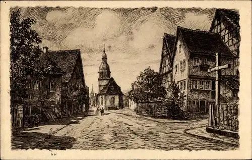 Künstler Ak Neustadt Breuberg im Odenwald, Straßenpartie, Ev. Kirche