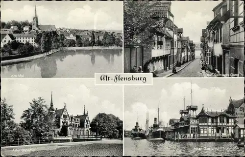 Ak Flensburg in Schleswig Holstein, Alter Dampfschiffspavillon, Bahnhof, Oluf Samsons Gang