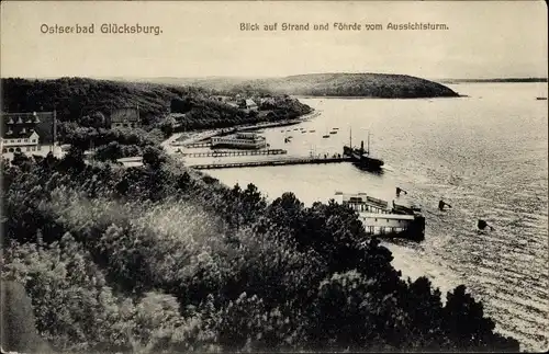 Ak Glücksburg an der Ostsee, Blick auf Strand und Föhrde zum Aussichtsturm