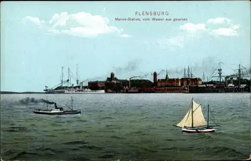 Ak Mürwik Flensburg, Marinestation vom Wasser aus gesehen, Boote