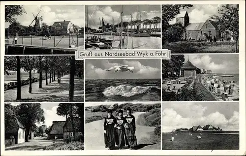 Ak Wyk auf Föhr Nordfriesland, Windmühle, Tachten, Panorama, Strand, Promenade