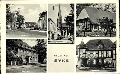 Ak Syke in Niedersachsen, Mühlendamm, Heimatmuseum, Kreishaus, Herrlichkeit, Sparkasse