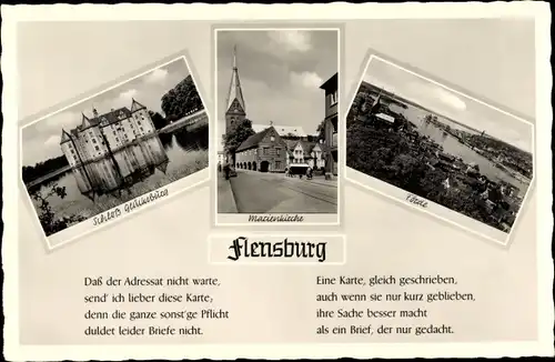 Ak Flensburg in Schleswig Holstein, Total, Marienkirche, Schloss Glücksburg