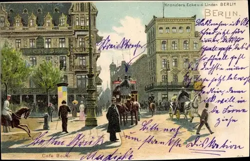 Litho Berlin Mitte, Café Kranzler und Bauer, Unter den Linden, Straßenpartie, Passanten