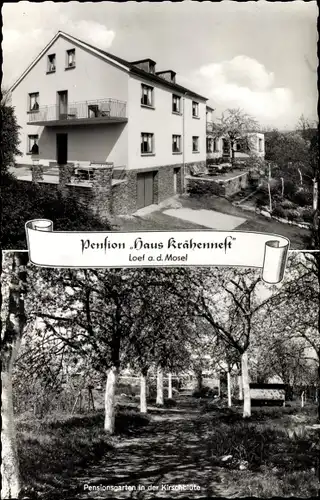 Ak Löf Loef an der Mosel, Pension Krähennest, Garten in der Kirschblüte