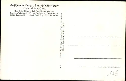 Ak Gadernheim Lautertal im Odenwald, Gesamtansicht, Gasthaus Zum Erbacher Hof