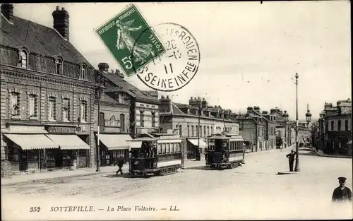 Ak Sotteville Seine Maritime, La Place Voltaire, tramways