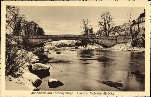 Ak Janowice Wielkie Jannowitz am Riesengebirge Schlesien, Landrat Schröter Brücke, Winter