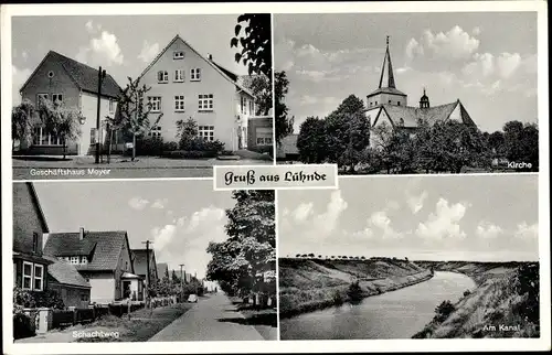 Ak Lühnde Algermissen Niedersachsen, Geschäftshaus Meyer, Kirche, Kanal, Schachtweg
