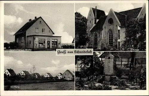 Ak Schandelah Cremlingen in Niedersachsen, Kirche, Geschäftshaus Wolke, Siedlung, Ehrenmal